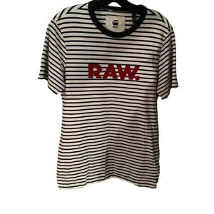 GStar Raw Unisex T -Shirt Navy & white striped red logo crew neck tee shirt sz M